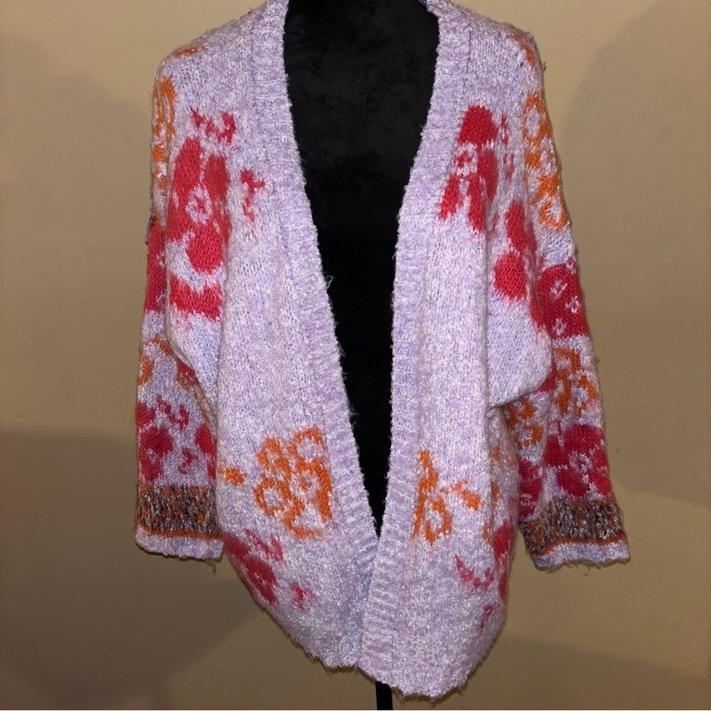 fab'rik Purple and Red Oversized Cardigan Sweater Floral Knit Size S